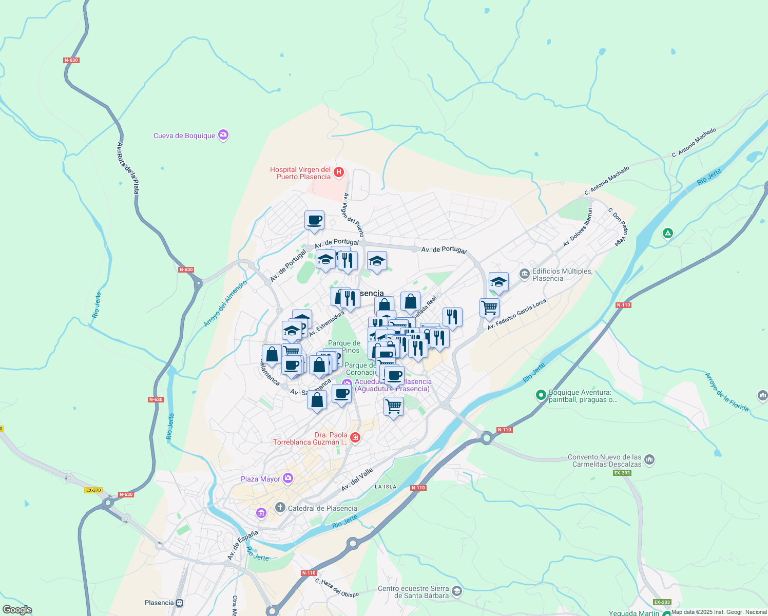 map of restaurants, bars, coffee shops, grocery stores, and more near Glorieta Virgen del Puerto in Plasencia