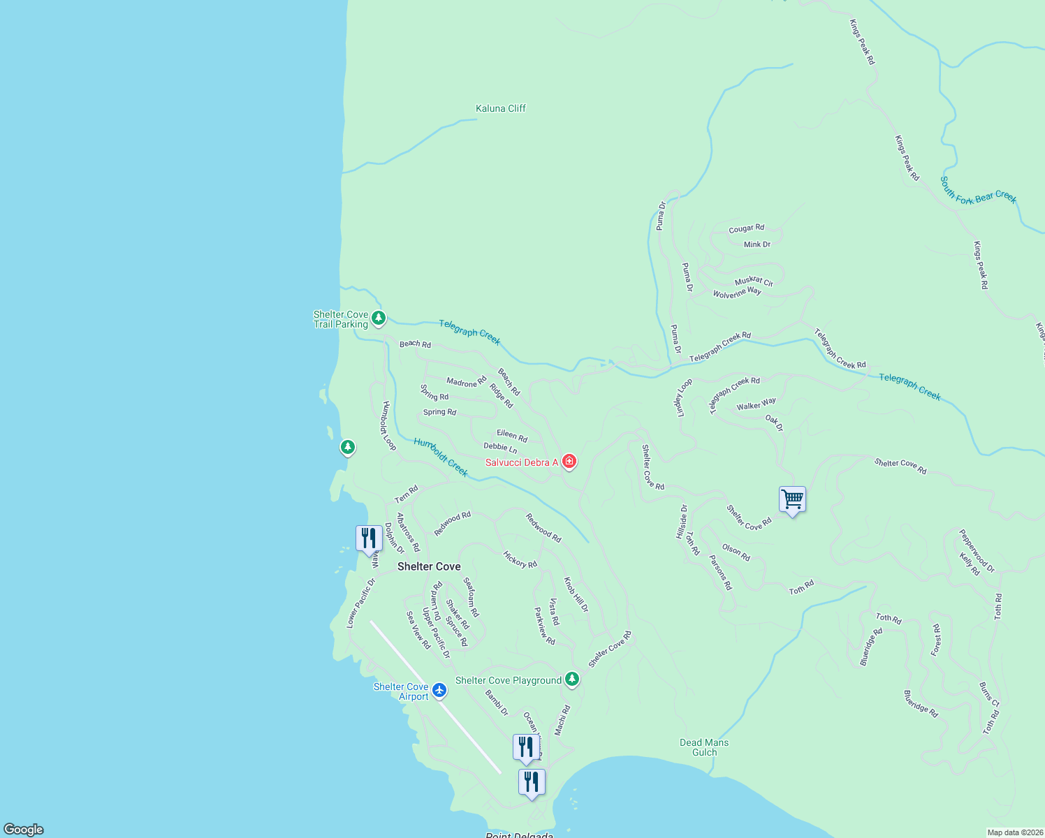 map of restaurants, bars, coffee shops, grocery stores, and more near 236 Ridge Road in Whitethorn