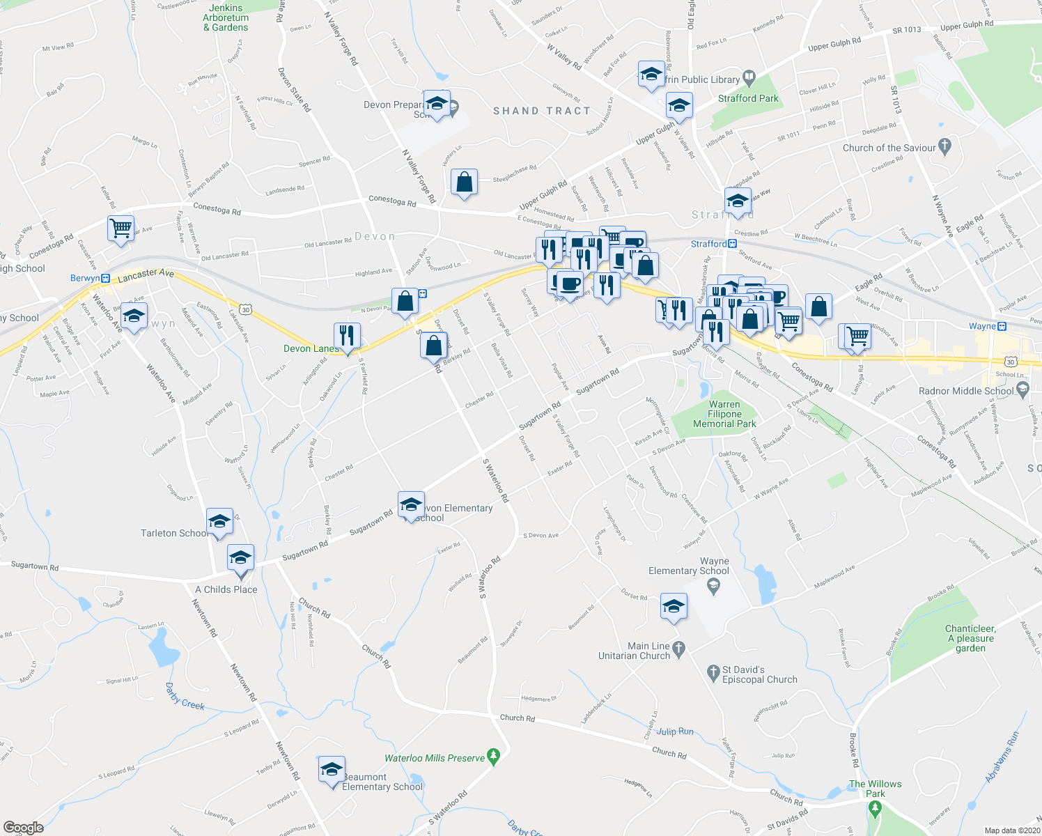 map of restaurants, bars, coffee shops, grocery stores, and more near 117 Sugartown Road in Devon