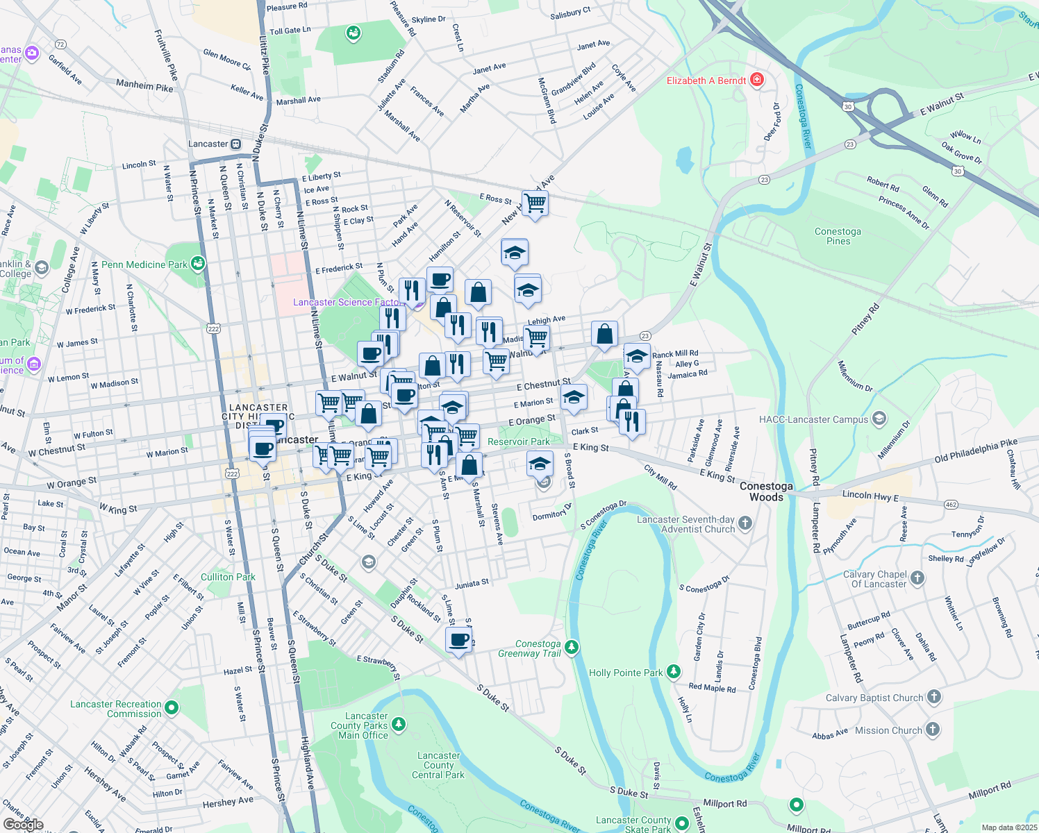 map of restaurants, bars, coffee shops, grocery stores, and more near 737 East Orange Street in Lancaster
