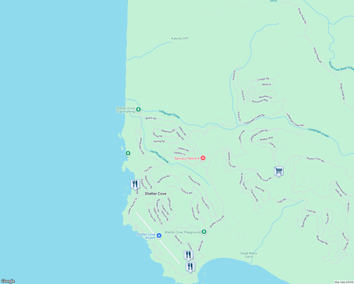 map of restaurants, bars, coffee shops, grocery stores, and more near 760 Spring Road in Whitethorn
