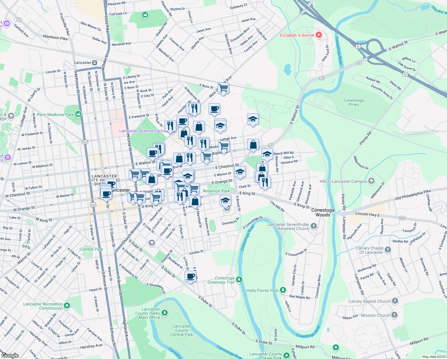 map of restaurants, bars, coffee shops, grocery stores, and more near 809 East Orange Street in Lancaster