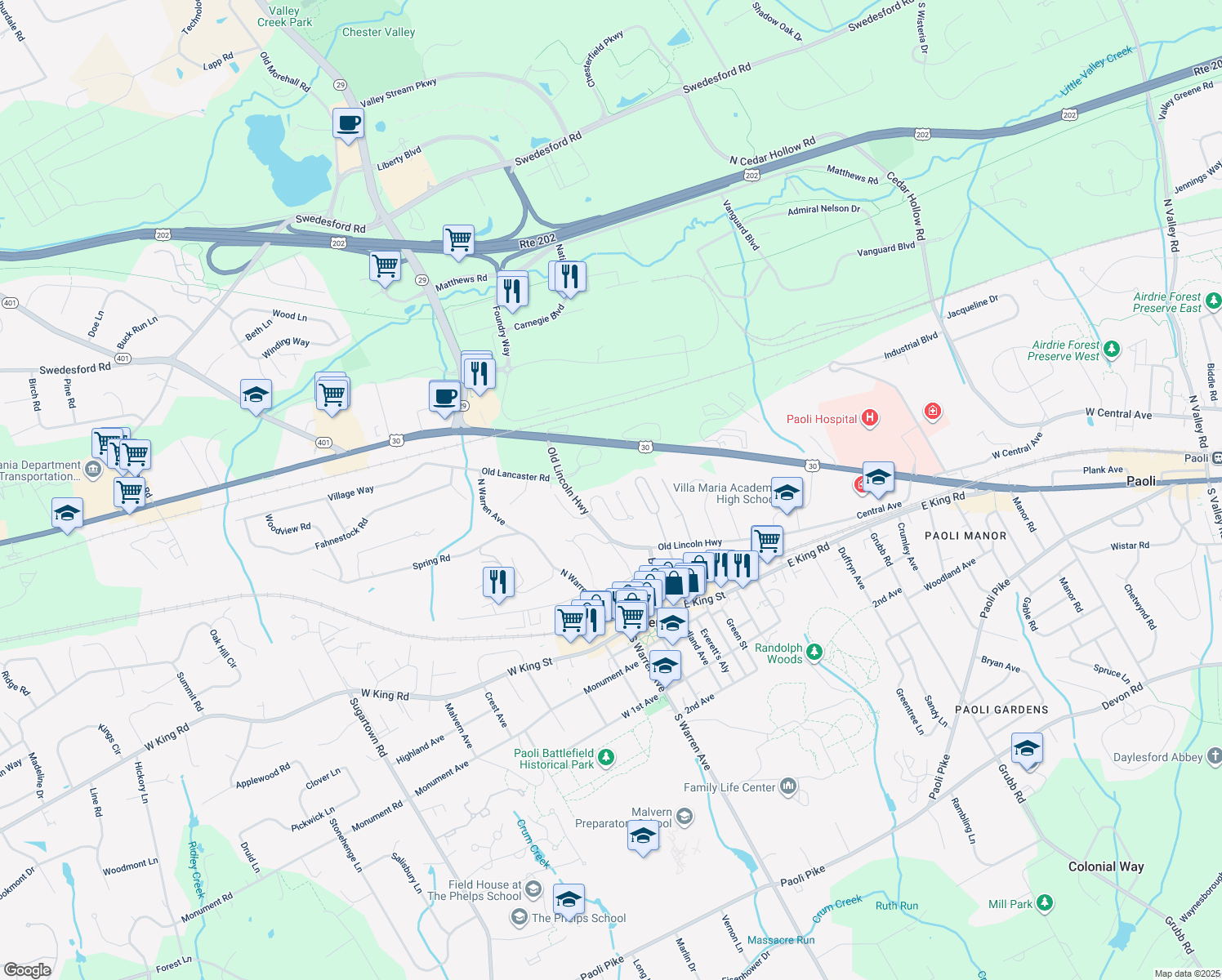 map of restaurants, bars, coffee shops, grocery stores, and more near 112 Mountain Laurel Lane in Malvern