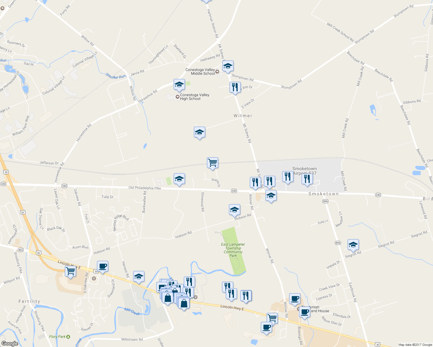 map of restaurants, bars, coffee shops, grocery stores, and more near Pigtail Alley in Lancaster