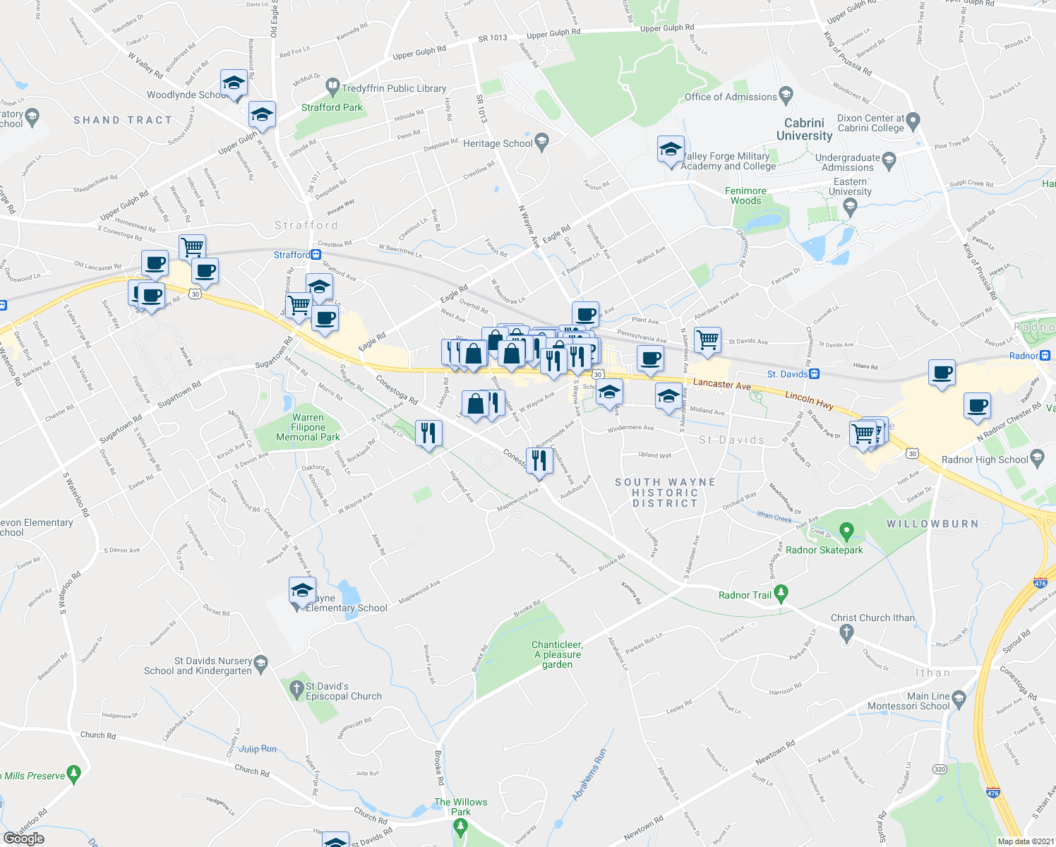 map of restaurants, bars, coffee shops, grocery stores, and more near 213 Bloomingdale Avenue in Wayne