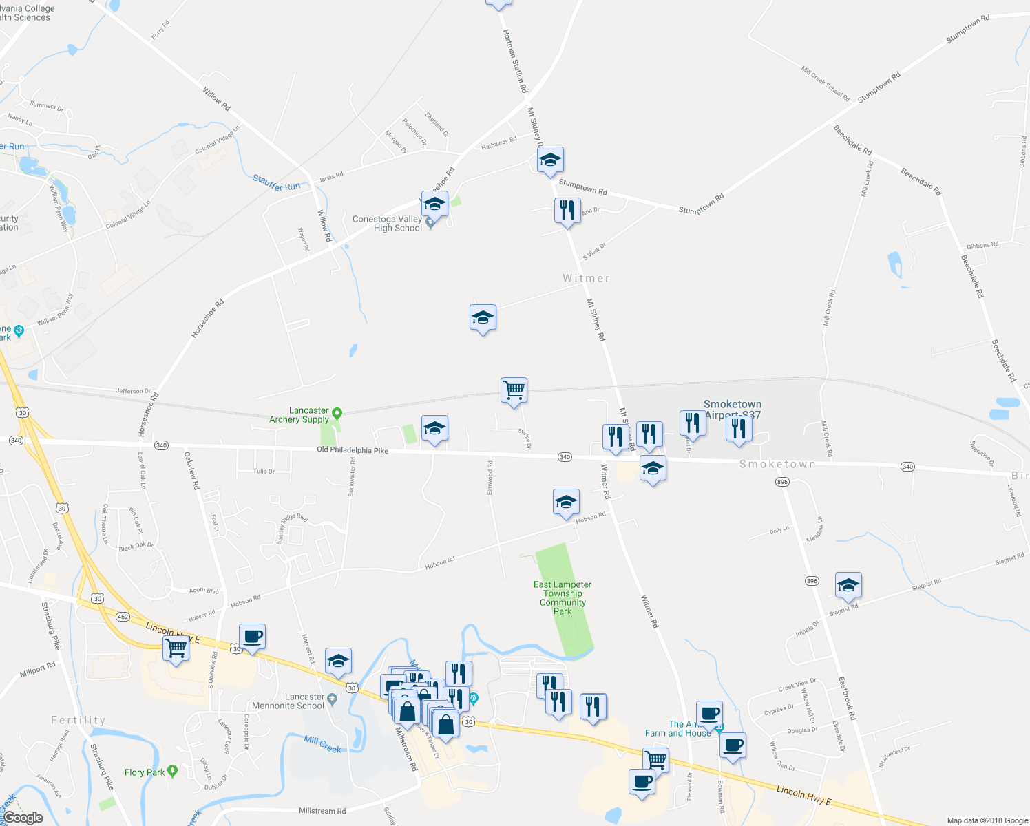 map of restaurants, bars, coffee shops, grocery stores, and more near Pigtail Alley in Lancaster