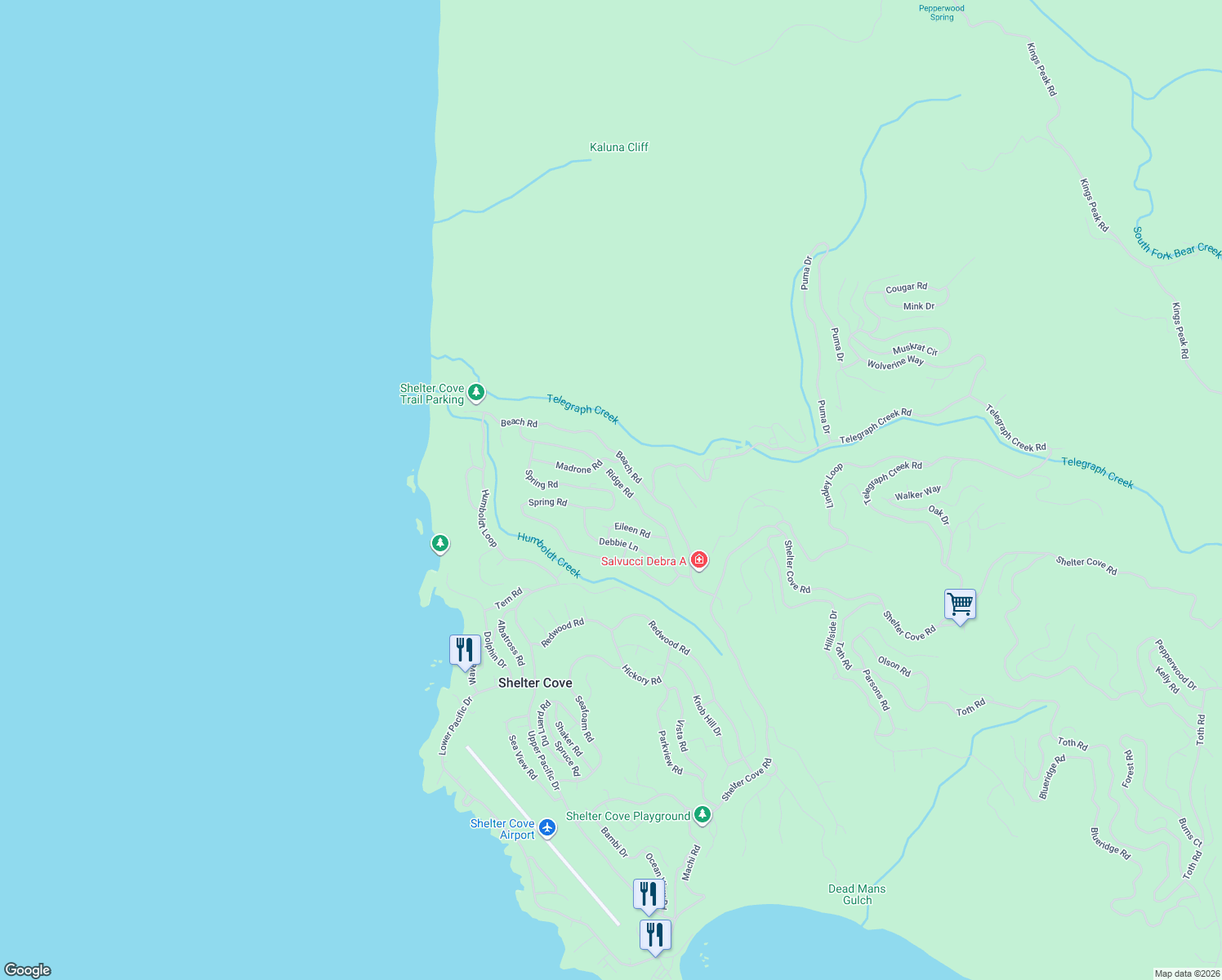 map of restaurants, bars, coffee shops, grocery stores, and more near 374 Ridge Rd in Whitethorn