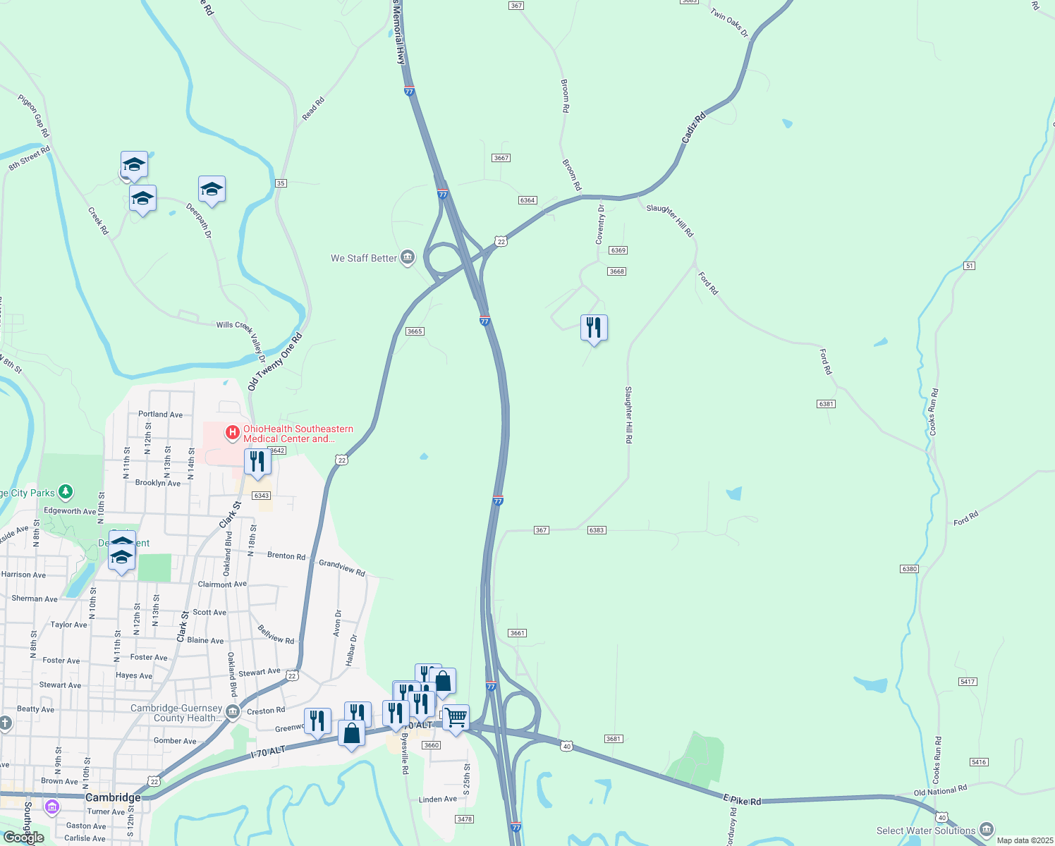 map of restaurants, bars, coffee shops, grocery stores, and more near in Claysville