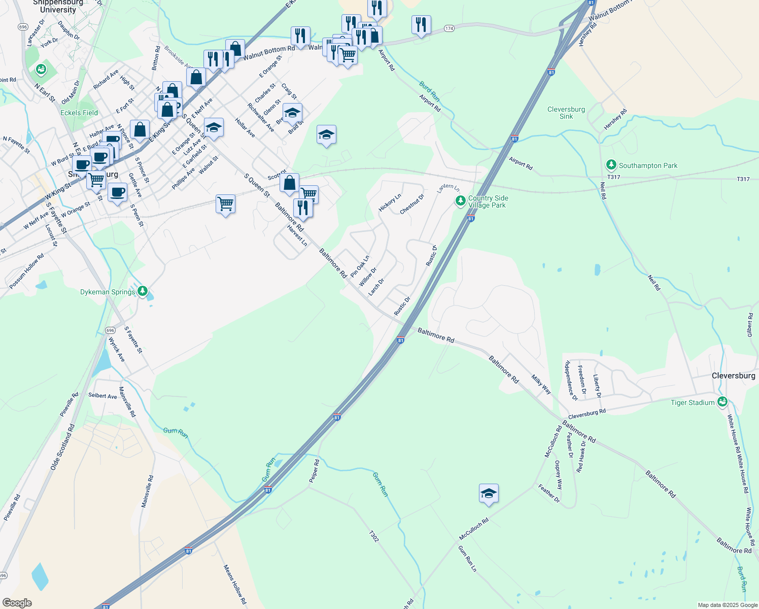 map of restaurants, bars, coffee shops, grocery stores, and more near 38 Rustic Drive in Shippensburg