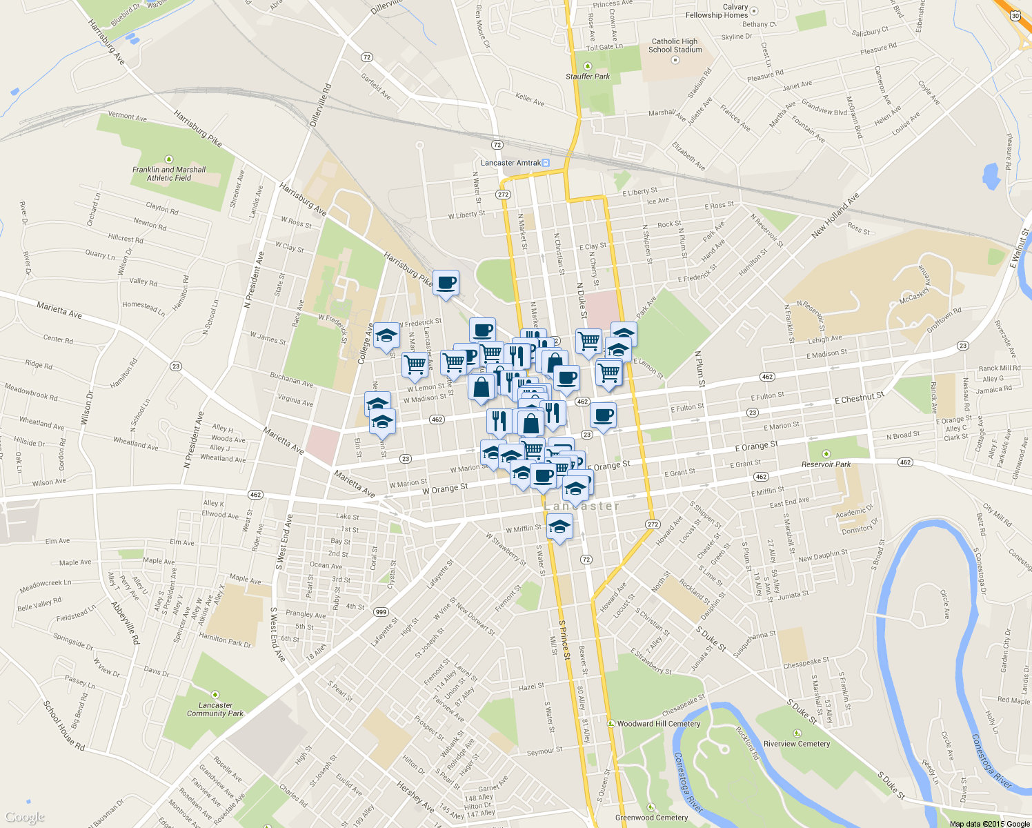 map of restaurants, bars, coffee shops, grocery stores, and more near 208 West Walnut Street in Lancaster