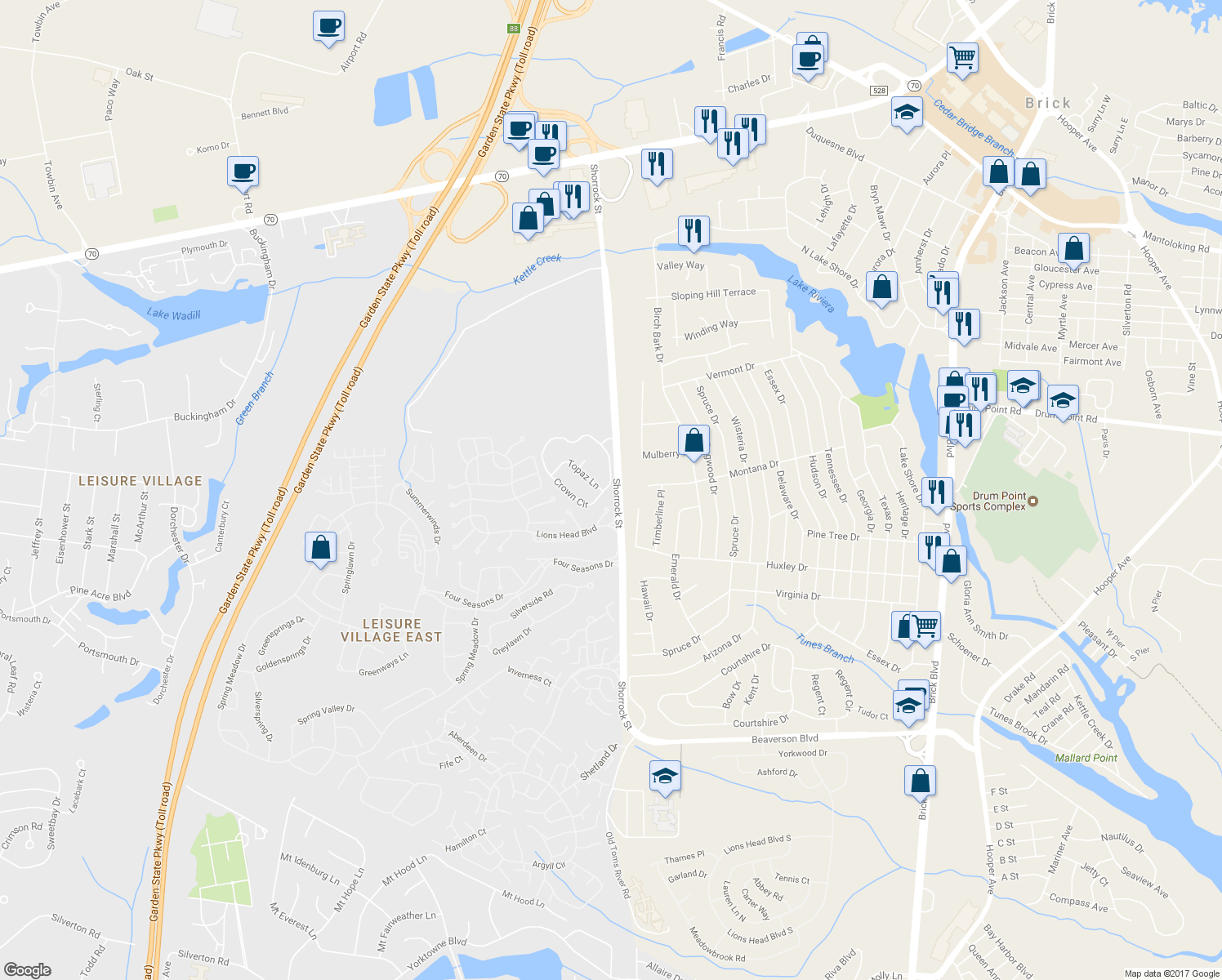 map of restaurants, bars, coffee shops, grocery stores, and more near 33 Crown Circle in Lakewood Township