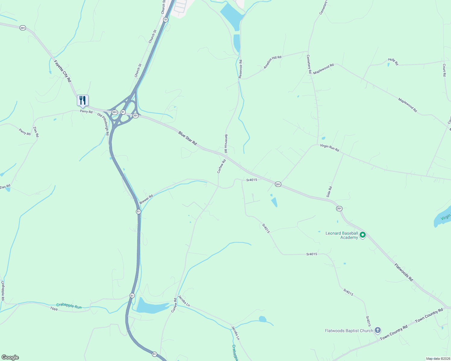 map of restaurants, bars, coffee shops, grocery stores, and more near 57 Curfew Road in Perryopolis
