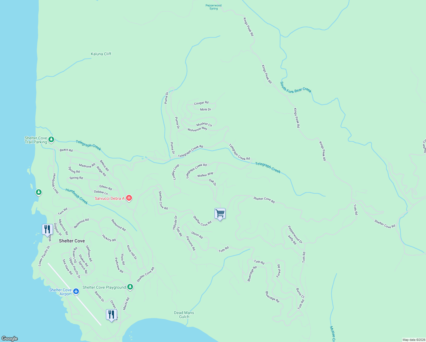 map of restaurants, bars, coffee shops, grocery stores, and more near 91 Walker Way in Whitethorn