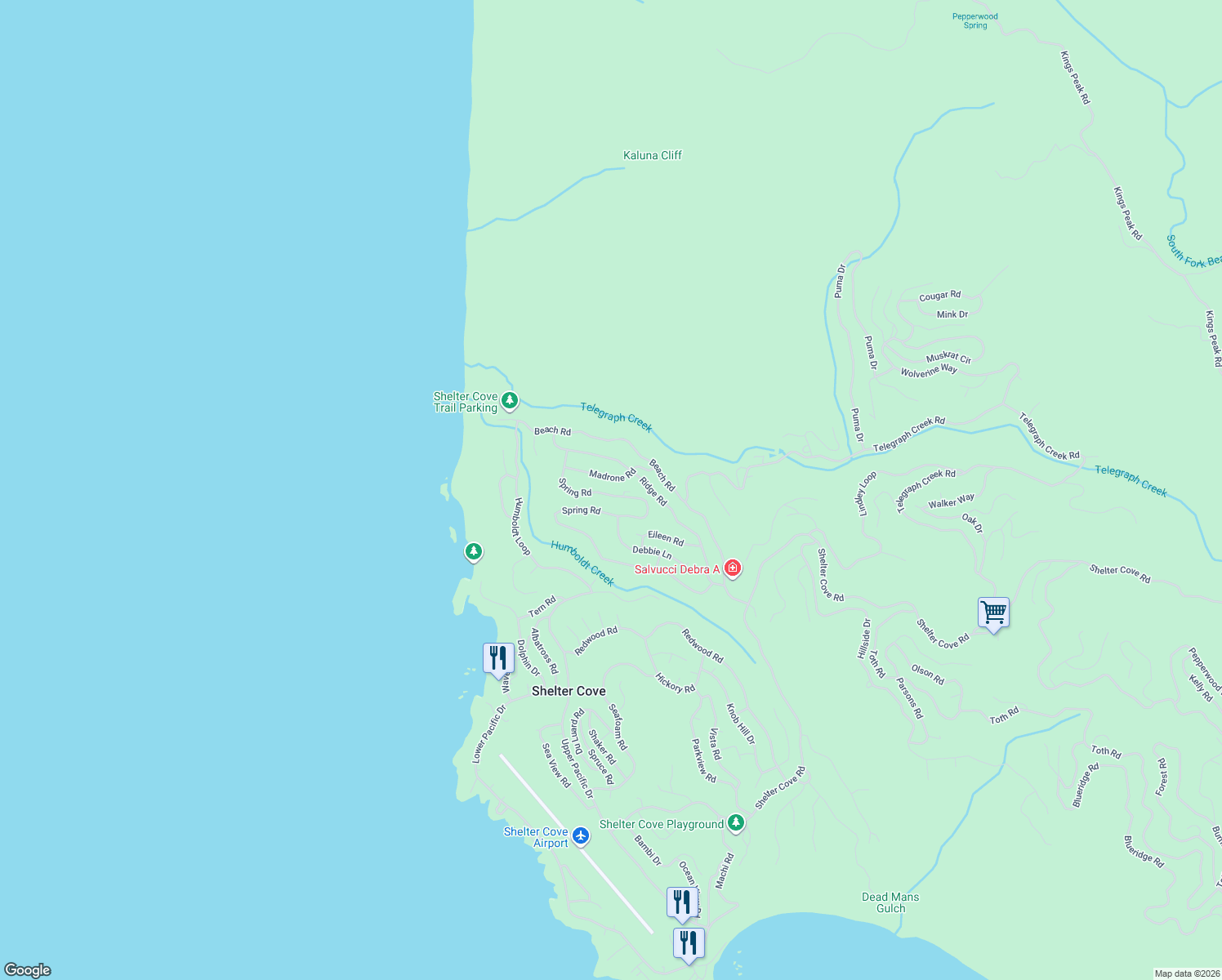 map of restaurants, bars, coffee shops, grocery stores, and more near 911 Spring Road in Whitethorn