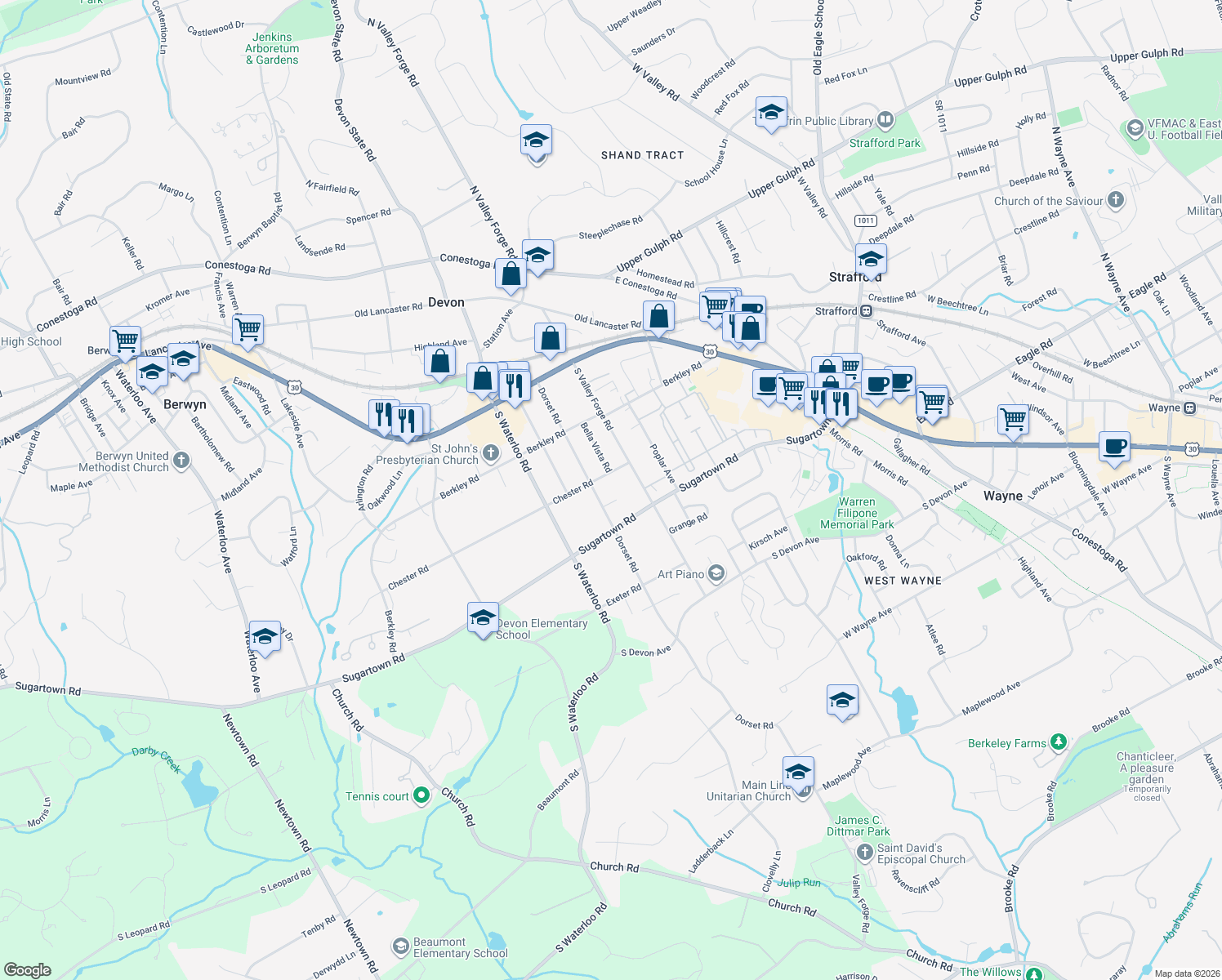 map of restaurants, bars, coffee shops, grocery stores, and more near 307 Dorset Road in Devon