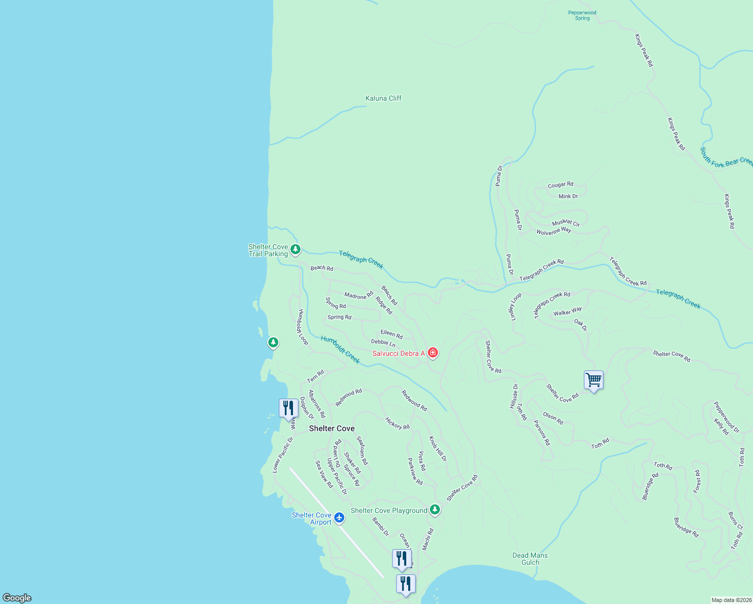 map of restaurants, bars, coffee shops, grocery stores, and more near 374 Ridge Rd in Whitethorn
