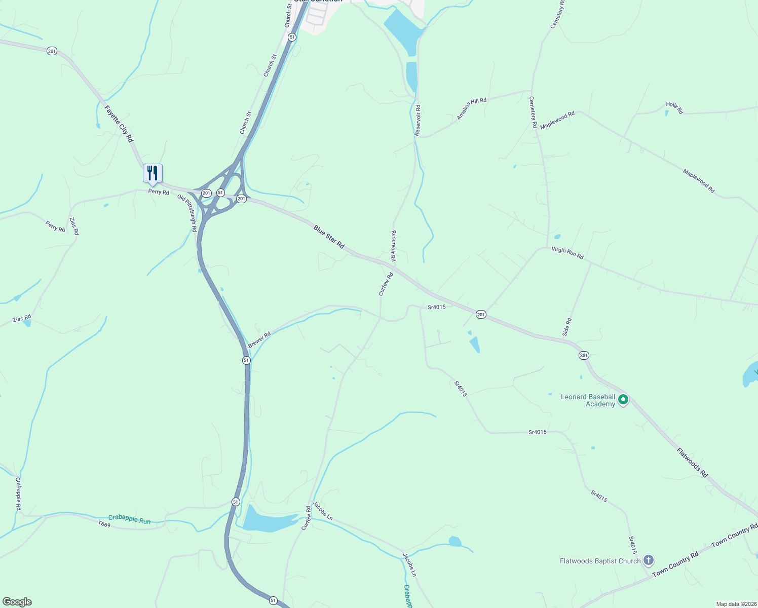 map of restaurants, bars, coffee shops, grocery stores, and more near 57 Curfew Road in Perryopolis