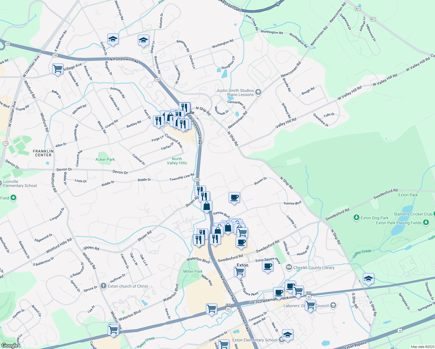 map of restaurants, bars, coffee shops, grocery stores, and more near 122 Whiteland Hills Circle in Exton