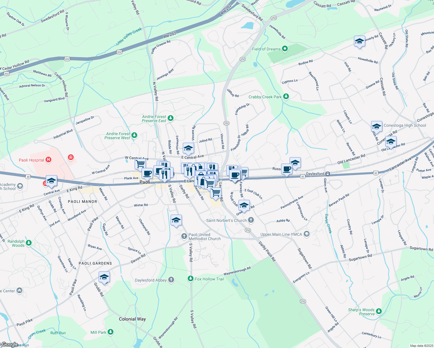 map of restaurants, bars, coffee shops, grocery stores, and more near 335 Paoli Pointe Drive in Paoli