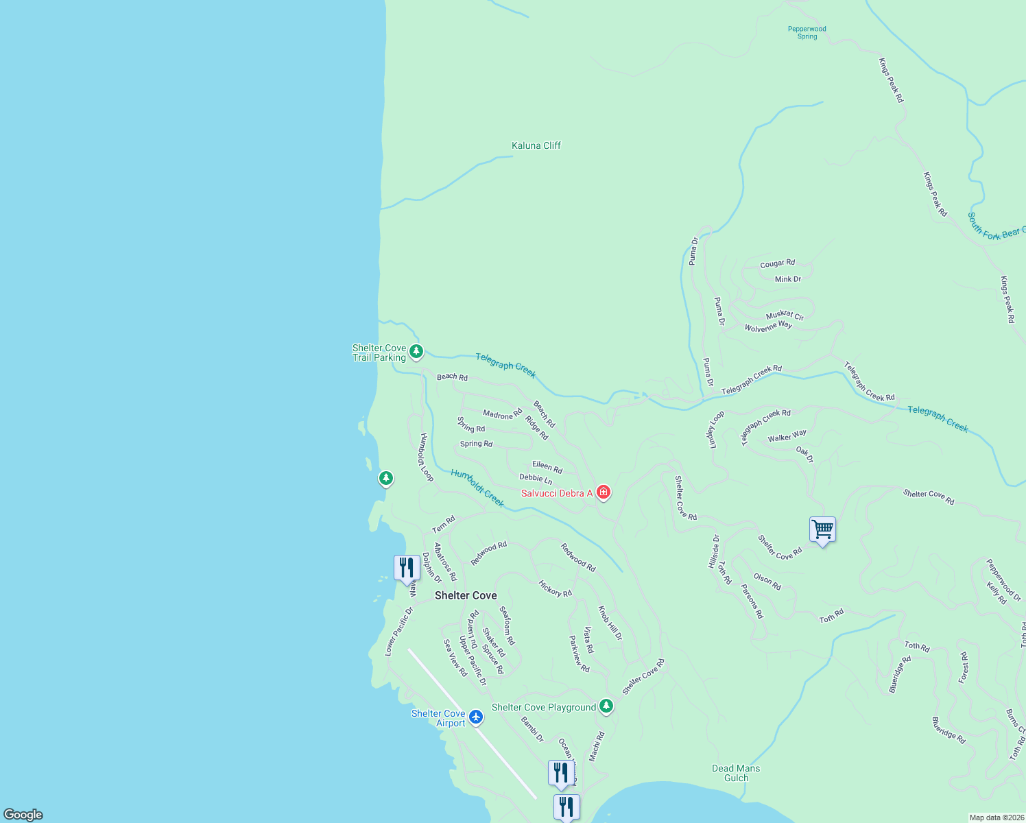 map of restaurants, bars, coffee shops, grocery stores, and more near 911 Spring Road in Whitethorn