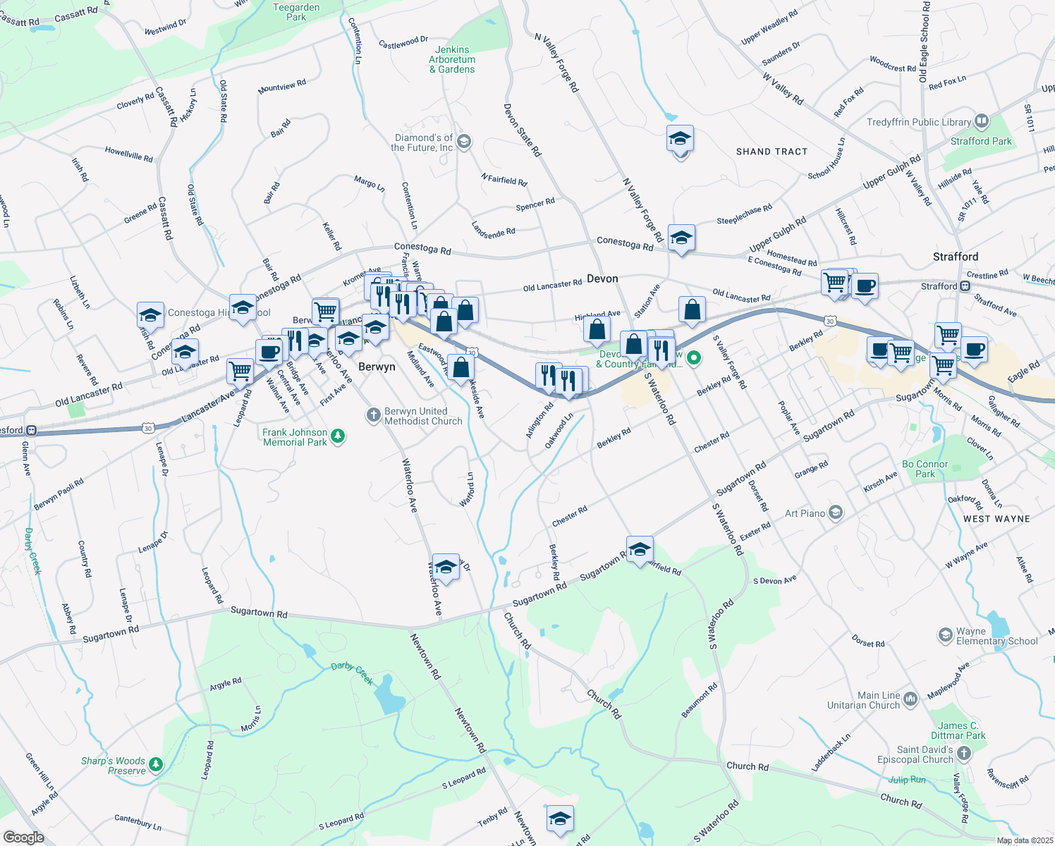 map of restaurants, bars, coffee shops, grocery stores, and more near 26 Arlington Road in Devon