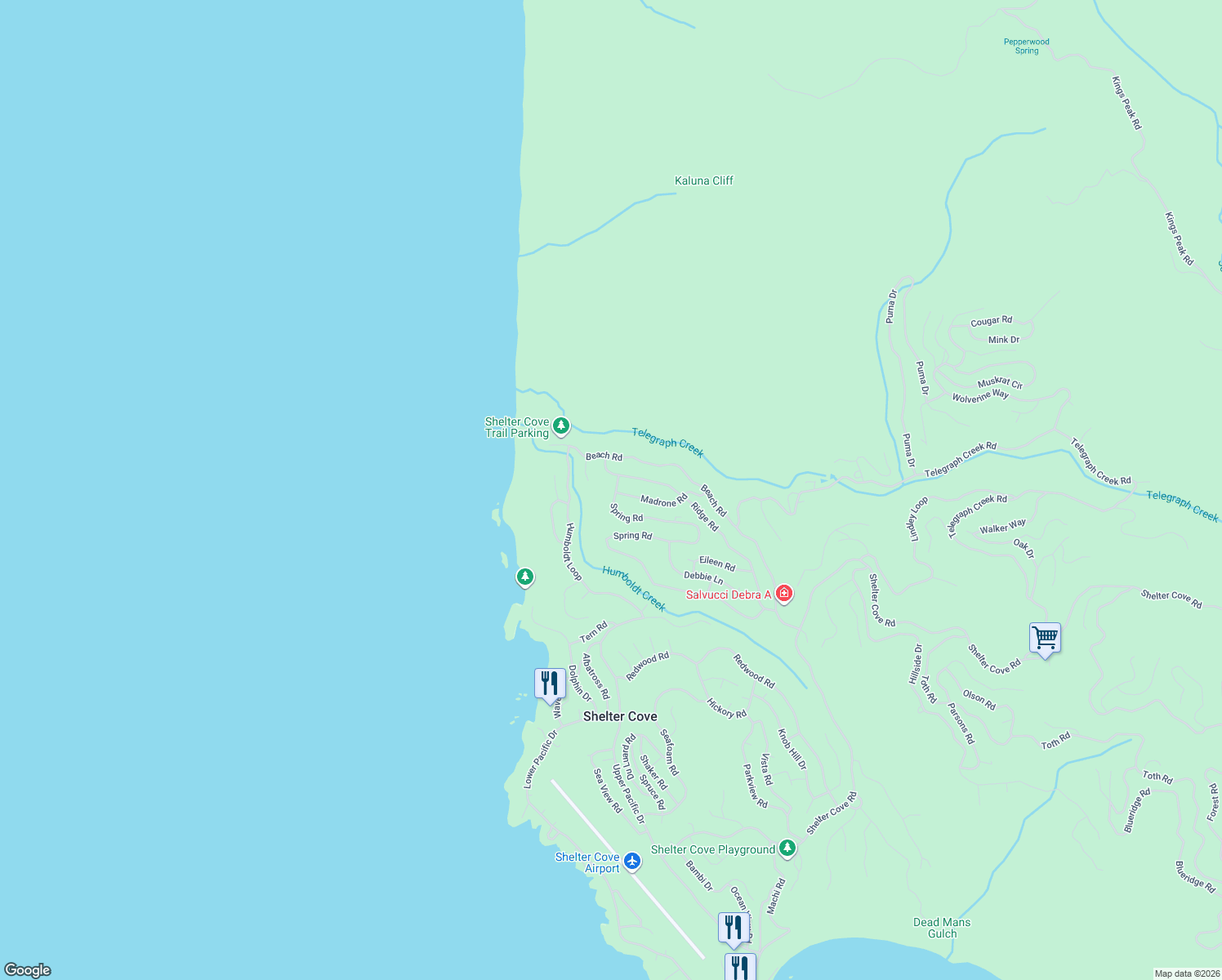 map of restaurants, bars, coffee shops, grocery stores, and more near 634 Ridge Rd in Whitethorn