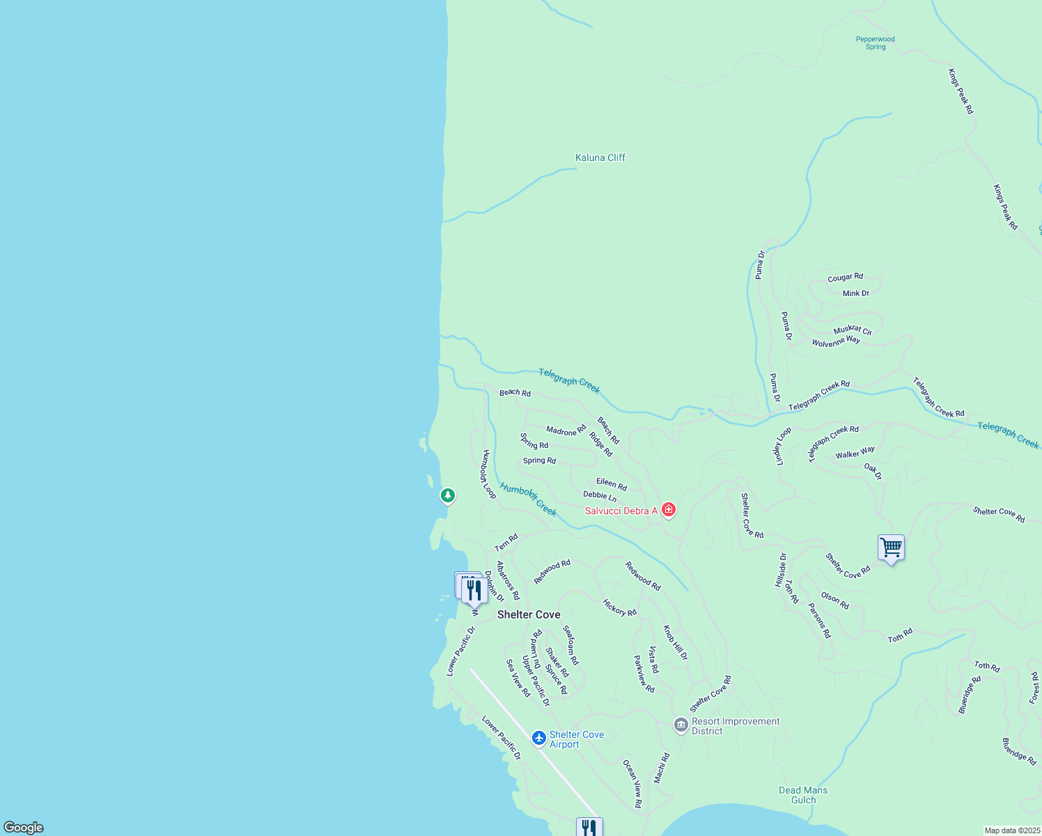 map of restaurants, bars, coffee shops, grocery stores, and more near 634 Ridge Rd in Whitethorn
