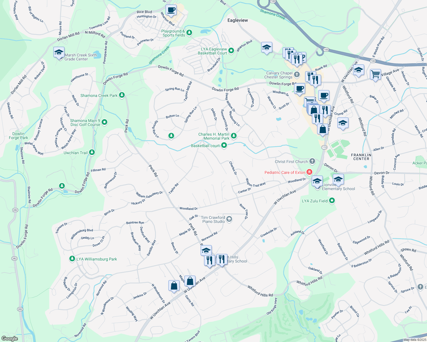 map of restaurants, bars, coffee shops, grocery stores, and more near 323 Horseshoe Lane in Downingtown