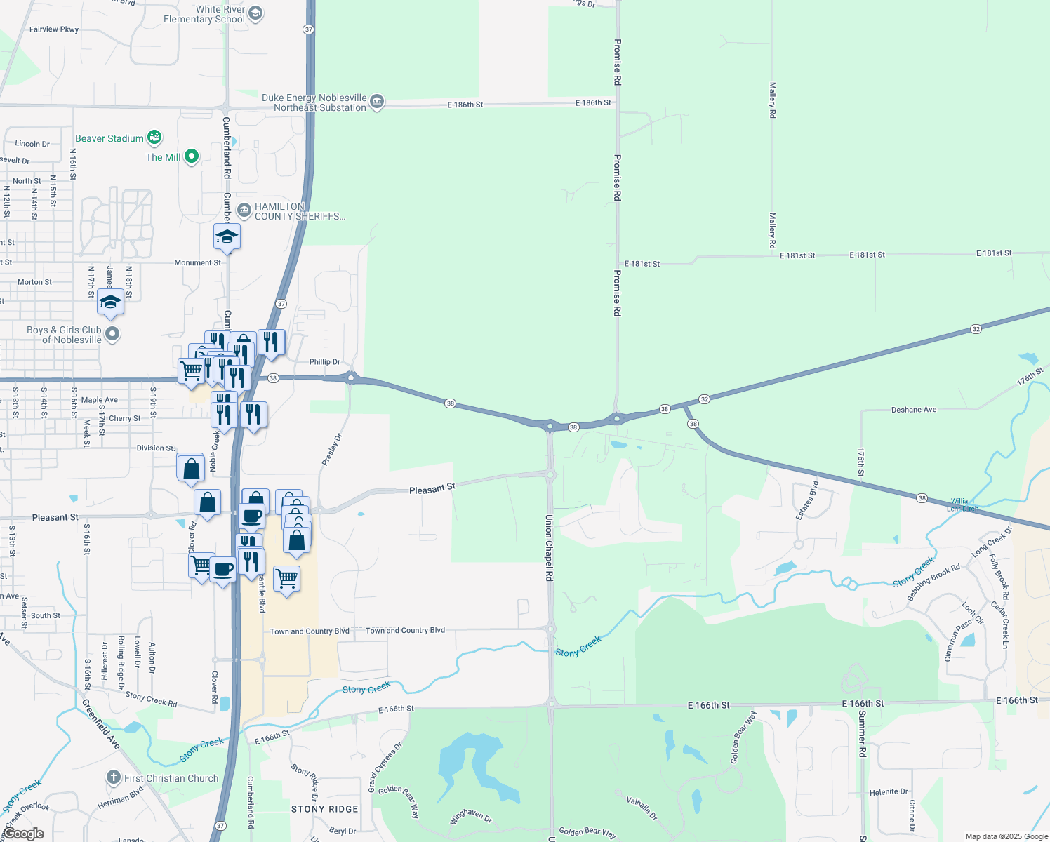 map of restaurants, bars, coffee shops, grocery stores, and more near 10002 Conner Street in Noblesville