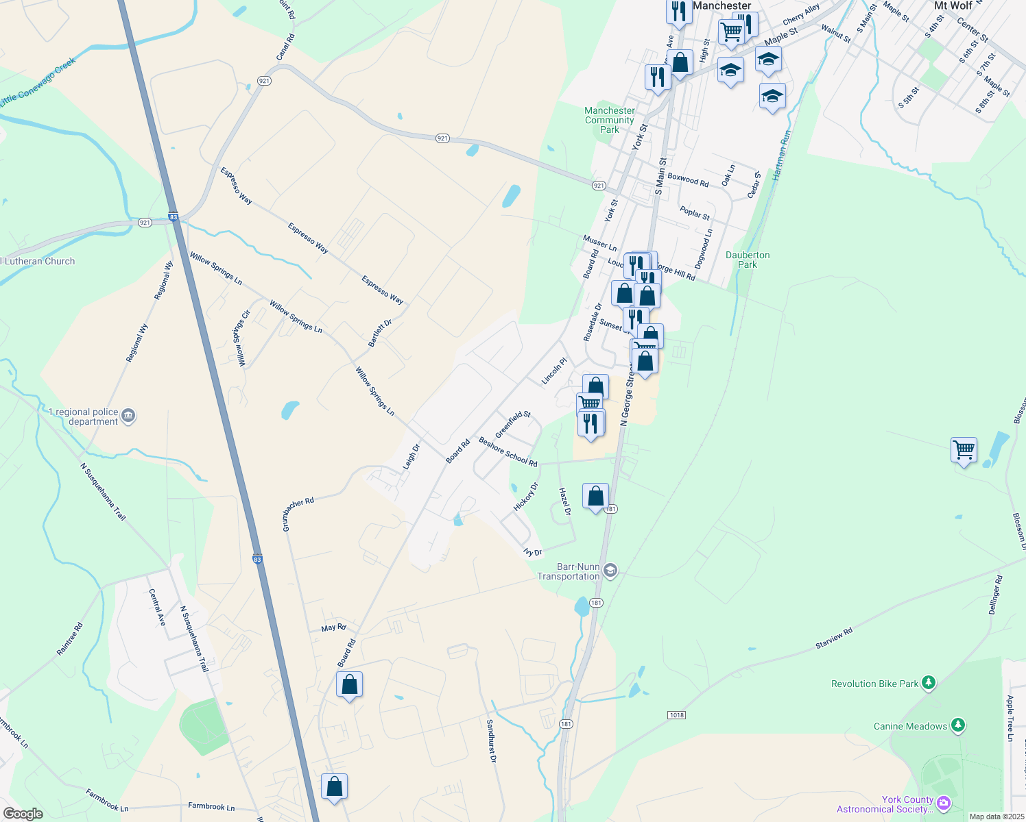 map of restaurants, bars, coffee shops, grocery stores, and more near 163 Greenfield Street in Manchester
