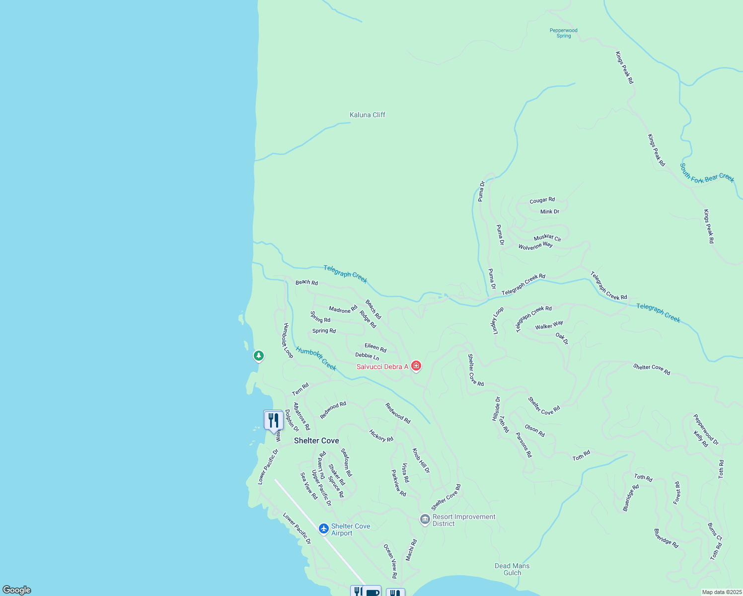 map of restaurants, bars, coffee shops, grocery stores, and more near 491 Beach Road in Whitethorn