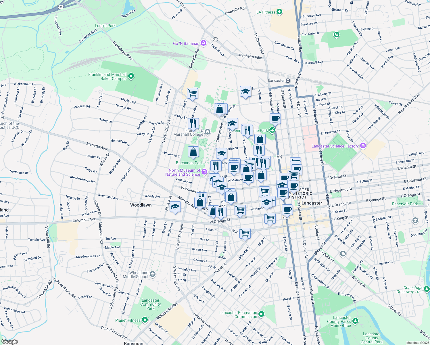 map of restaurants, bars, coffee shops, grocery stores, and more near 426 Nevin Street in Lancaster