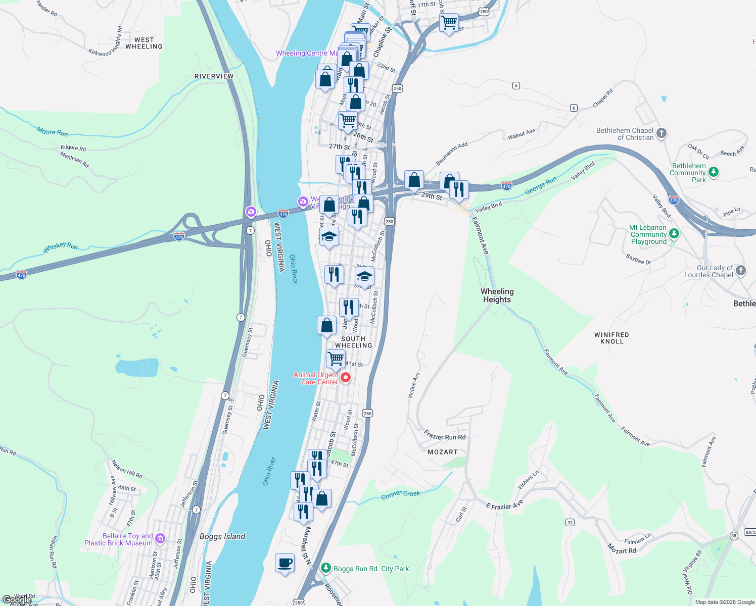 map of restaurants, bars, coffee shops, grocery stores, and more near 3737 Wetzel St in Wheeling