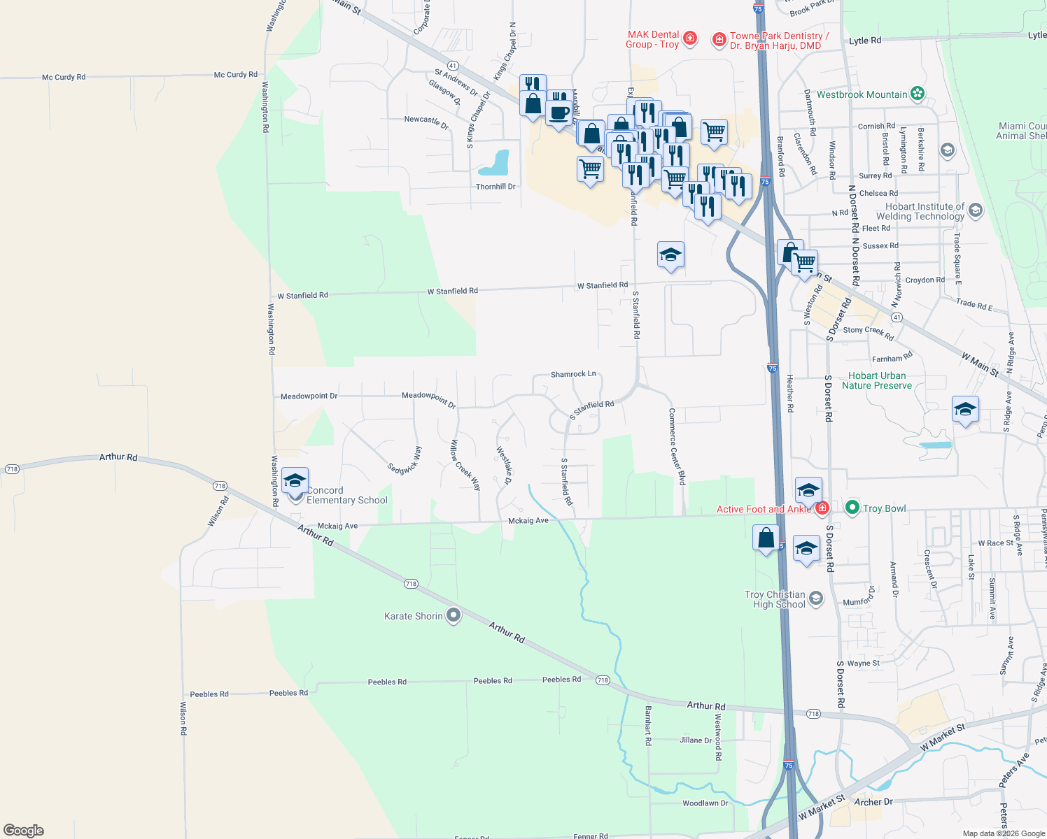 map of restaurants, bars, coffee shops, grocery stores, and more near 635 Willow Point Court in Troy