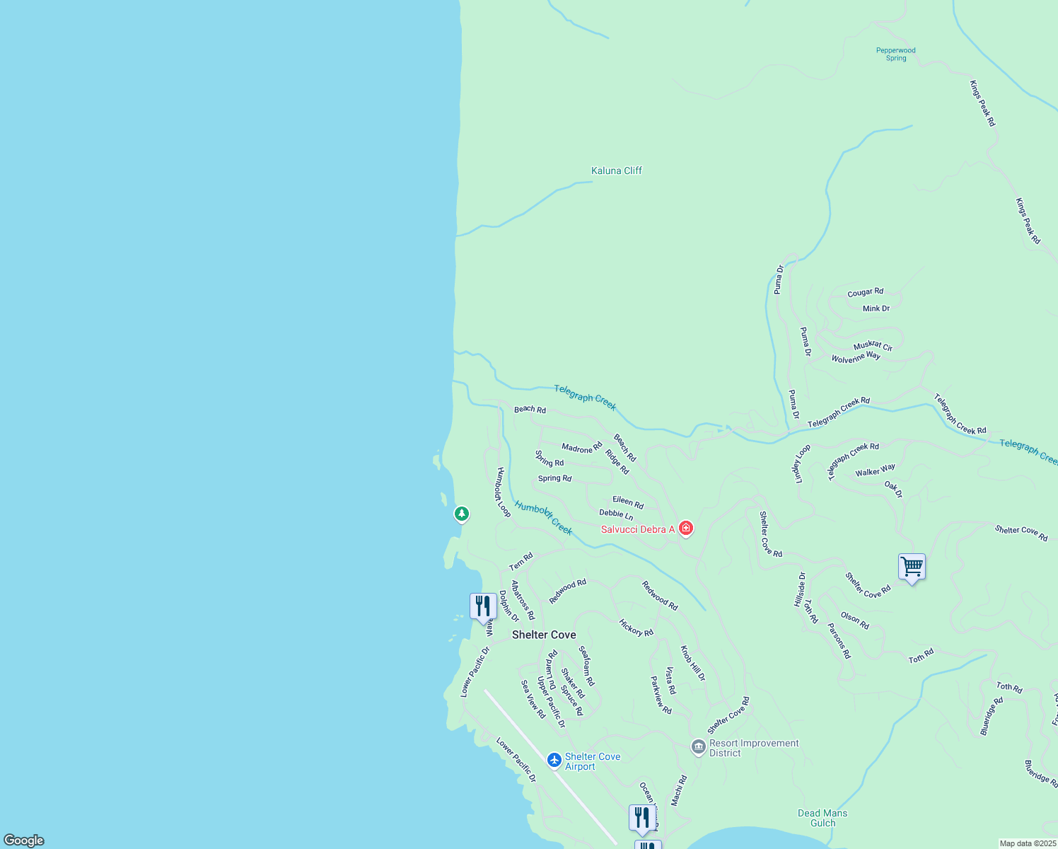 map of restaurants, bars, coffee shops, grocery stores, and more near 634 Ridge Rd in Whitethorn