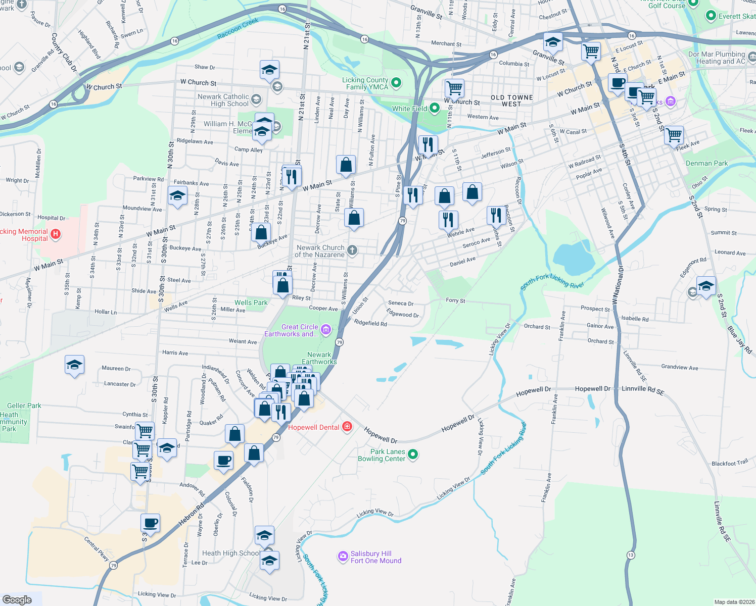 map of restaurants, bars, coffee shops, grocery stores, and more near 627 Seneca Dr in Newark