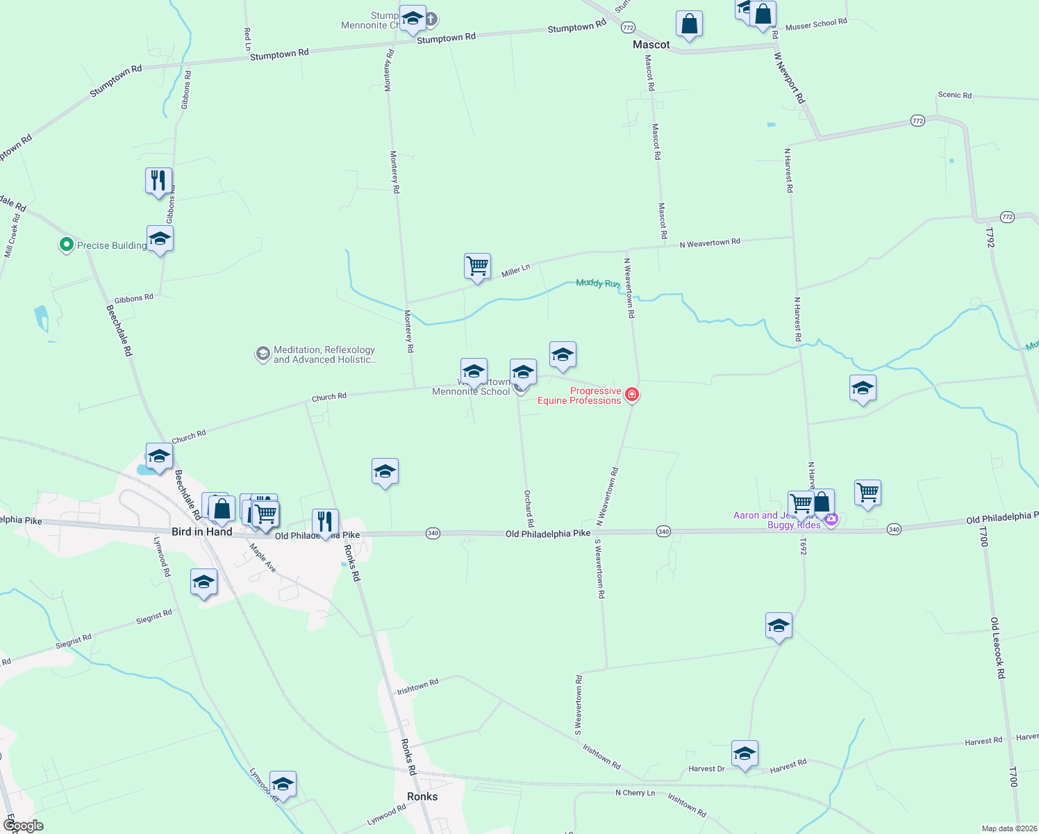map of restaurants, bars, coffee shops, grocery stores, and more near 73 Orchard Road in Bird in Hand