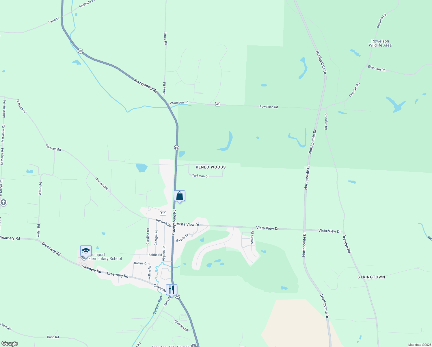 map of restaurants, bars, coffee shops, grocery stores, and more near 2565 Tarkman Drive in Nashport