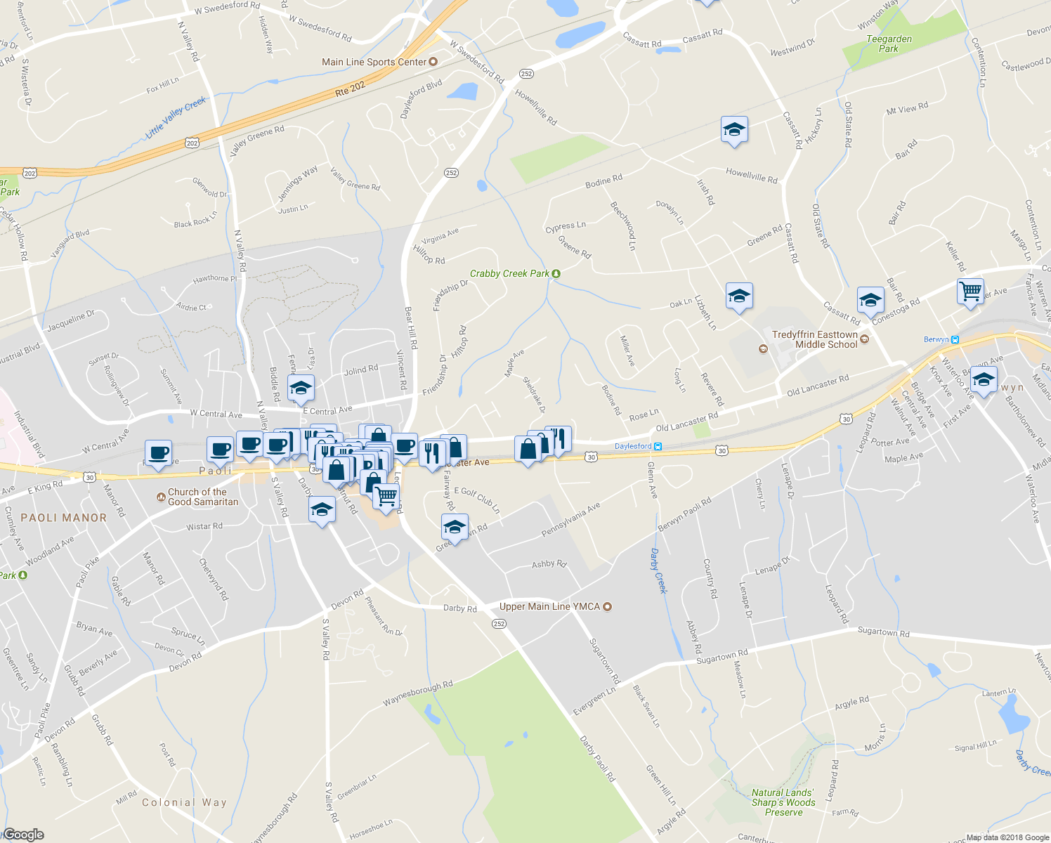 map of restaurants, bars, coffee shops, grocery stores, and more near 118 Sheldrake Drive in Paoli