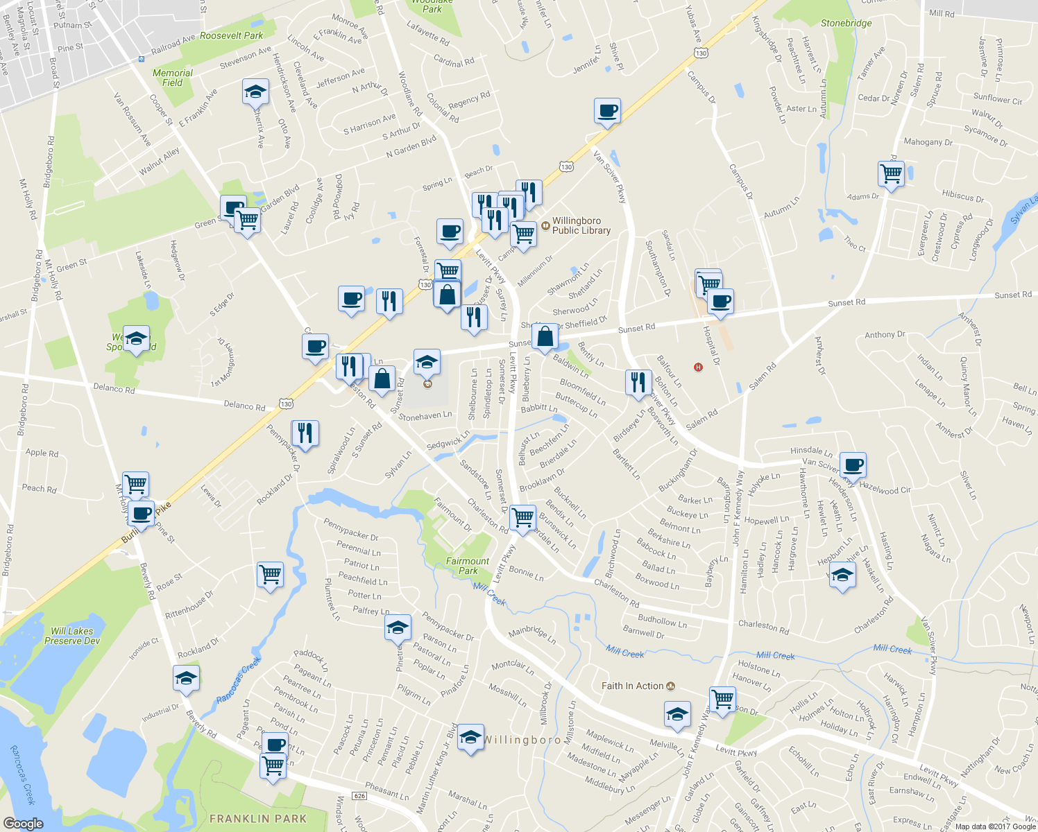 map of restaurants, bars, coffee shops, grocery stores, and more near 2 Babbitt Lane in Willingboro