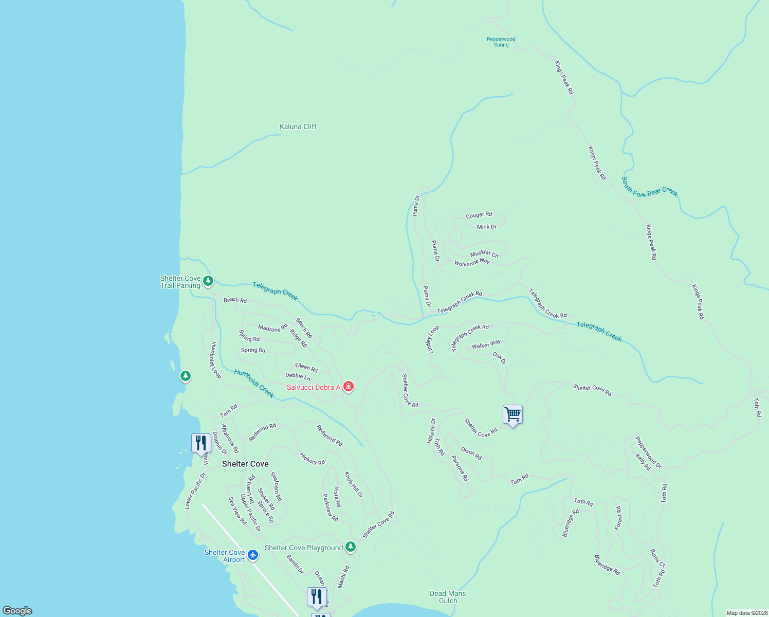 map of restaurants, bars, coffee shops, grocery stores, and more near 2081 Telegraph Creek Road in Whitethorn
