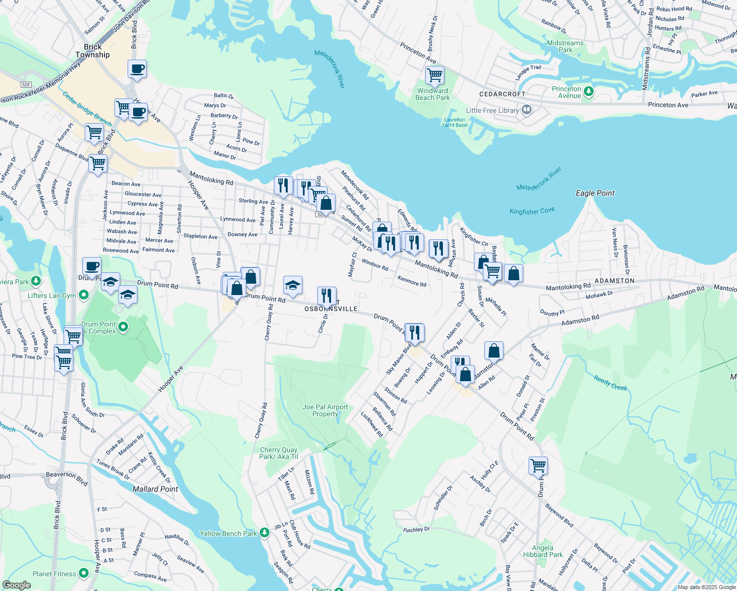 map of restaurants, bars, coffee shops, grocery stores, and more near 26 Tamany Court in Brick