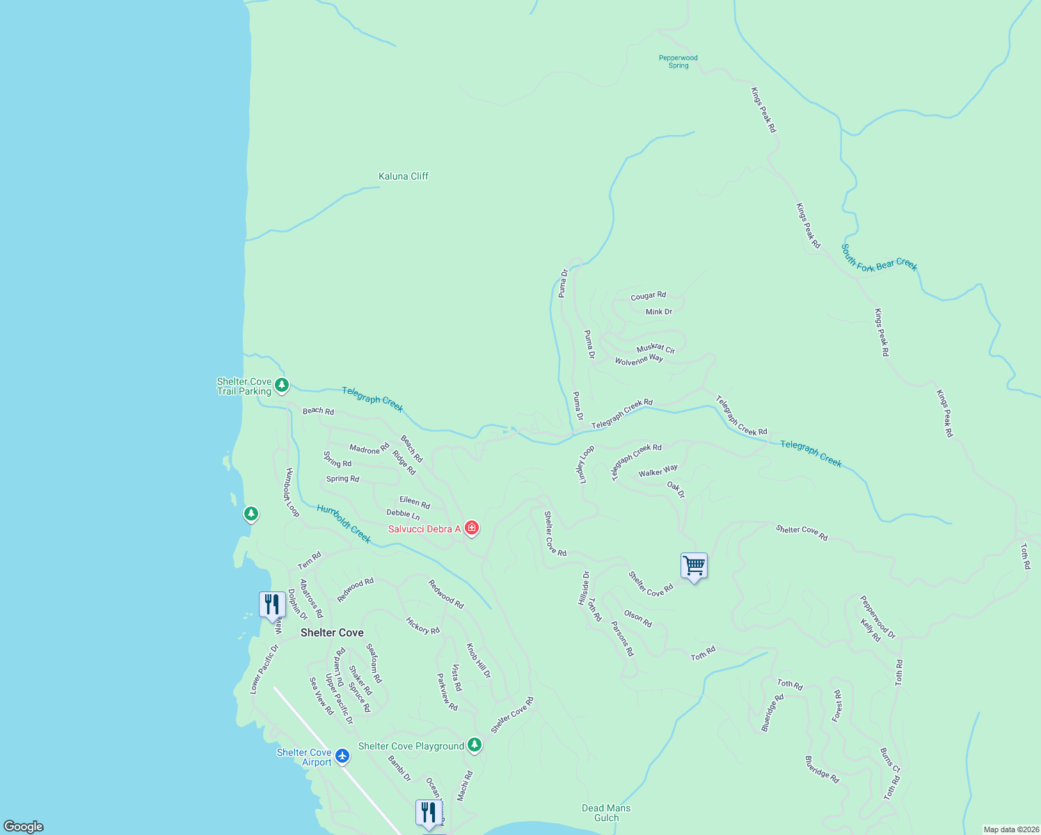 map of restaurants, bars, coffee shops, grocery stores, and more near 2081 Telegraph Creek Road in Whitethorn