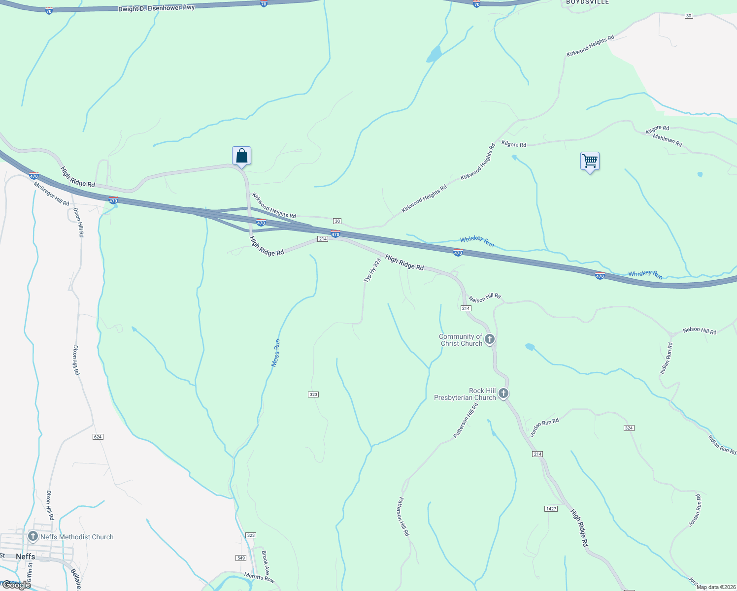 map of restaurants, bars, coffee shops, grocery stores, and more near 66441 North Moss Run Road in Bellaire