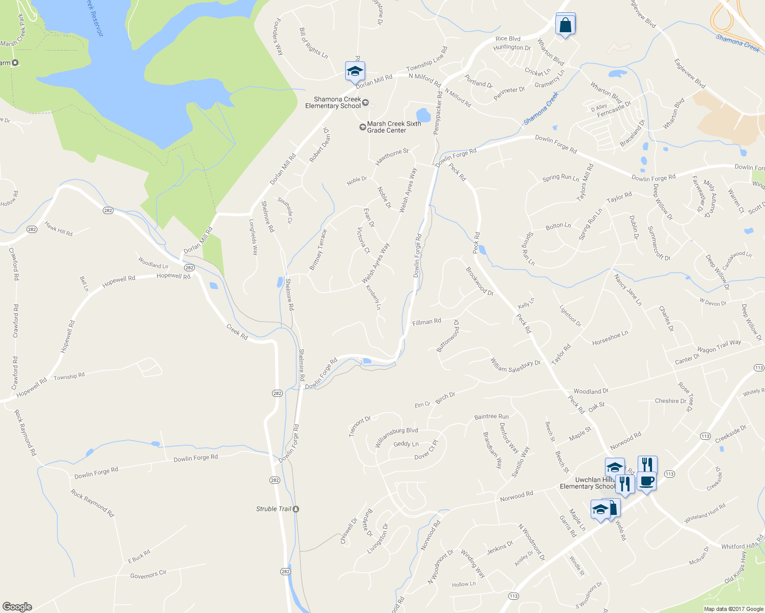 map of restaurants, bars, coffee shops, grocery stores, and more near 1000 Travis Court in Downingtown
