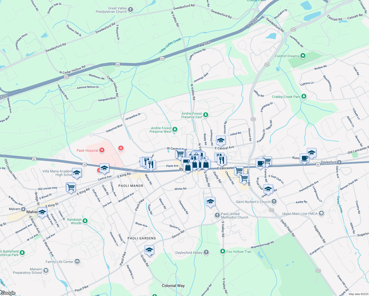 map of restaurants, bars, coffee shops, grocery stores, and more near 43 West Central Avenue in Paoli
