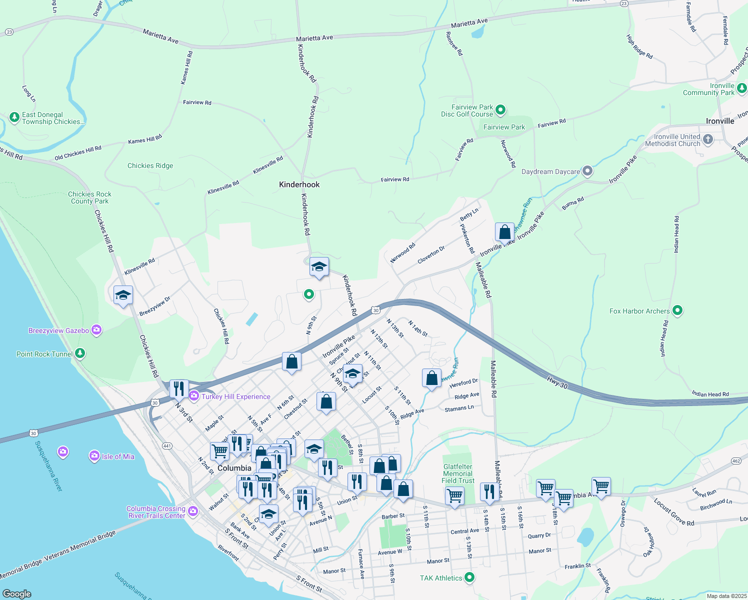 map of restaurants, bars, coffee shops, grocery stores, and more near 1240 Cloverton Drive in Columbia