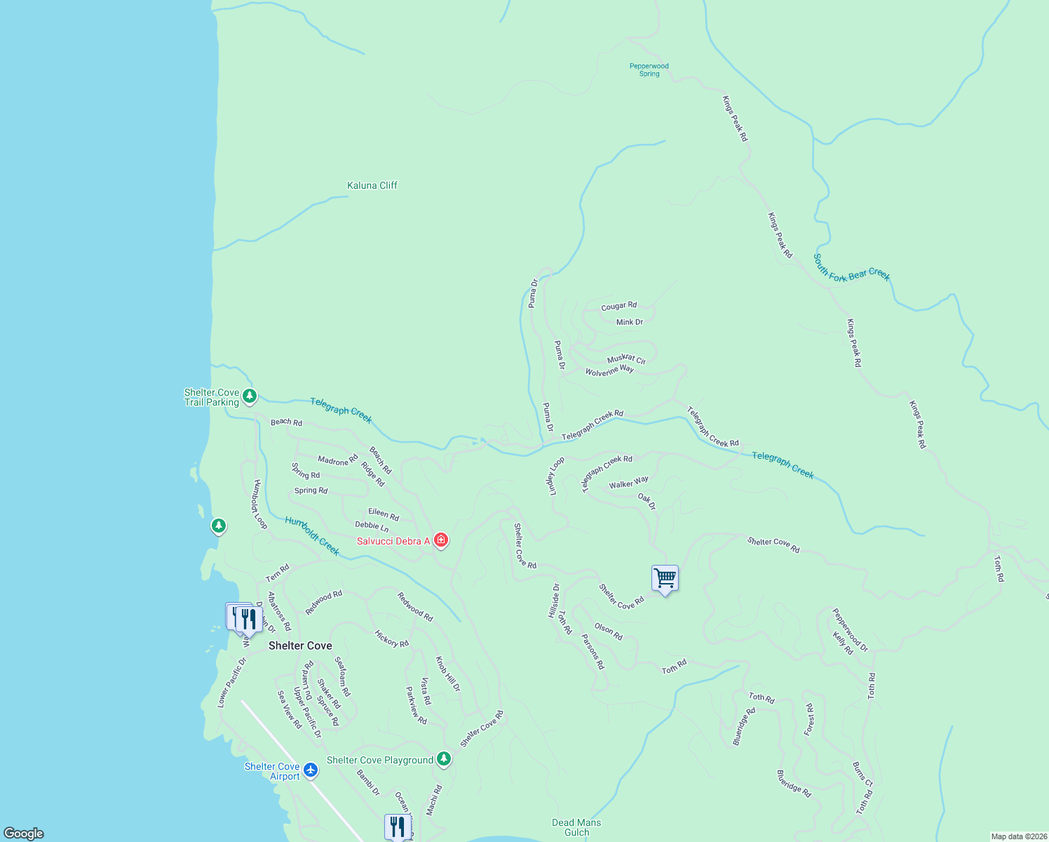 map of restaurants, bars, coffee shops, grocery stores, and more near 198 Raintree Circle in Whitethorn