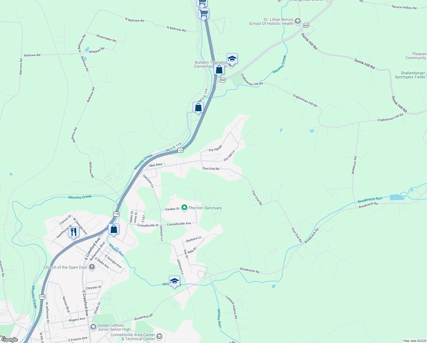 map of restaurants, bars, coffee shops, grocery stores, and more near East End Road Exd in Connellsville