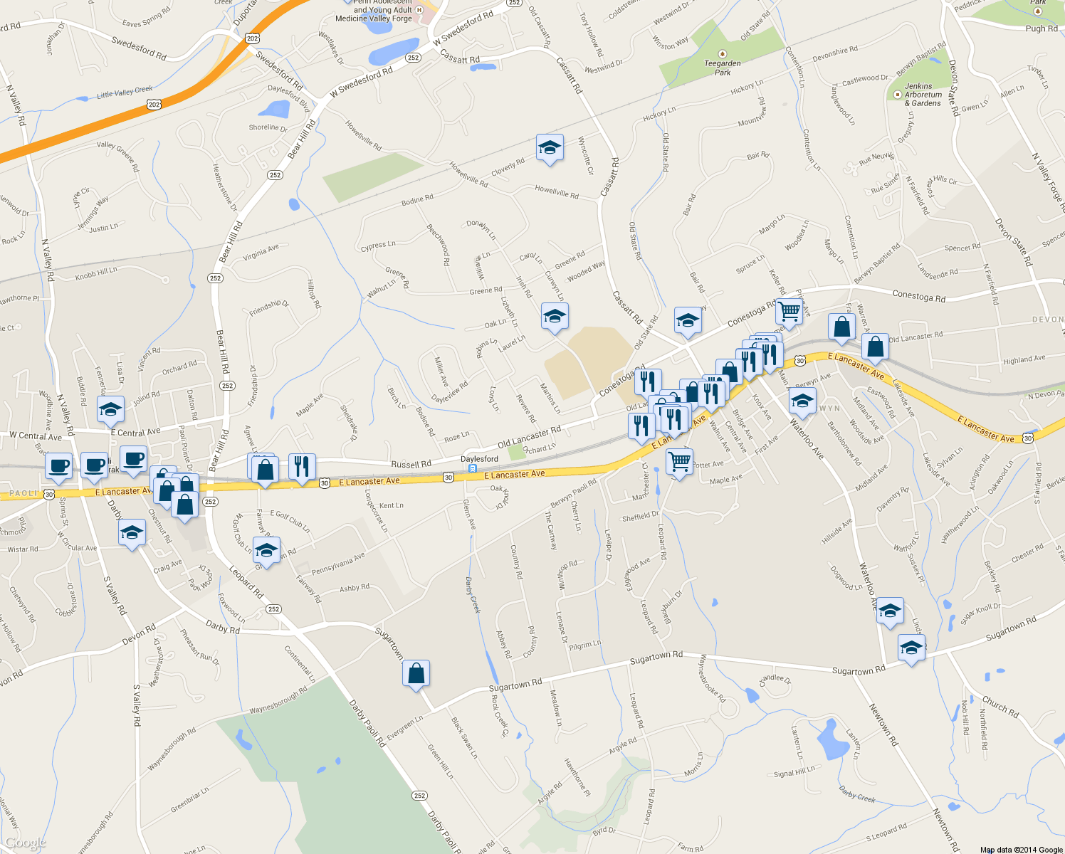 map of restaurants, bars, coffee shops, grocery stores, and more near 1132 Old Lancaster Road in Berwyn